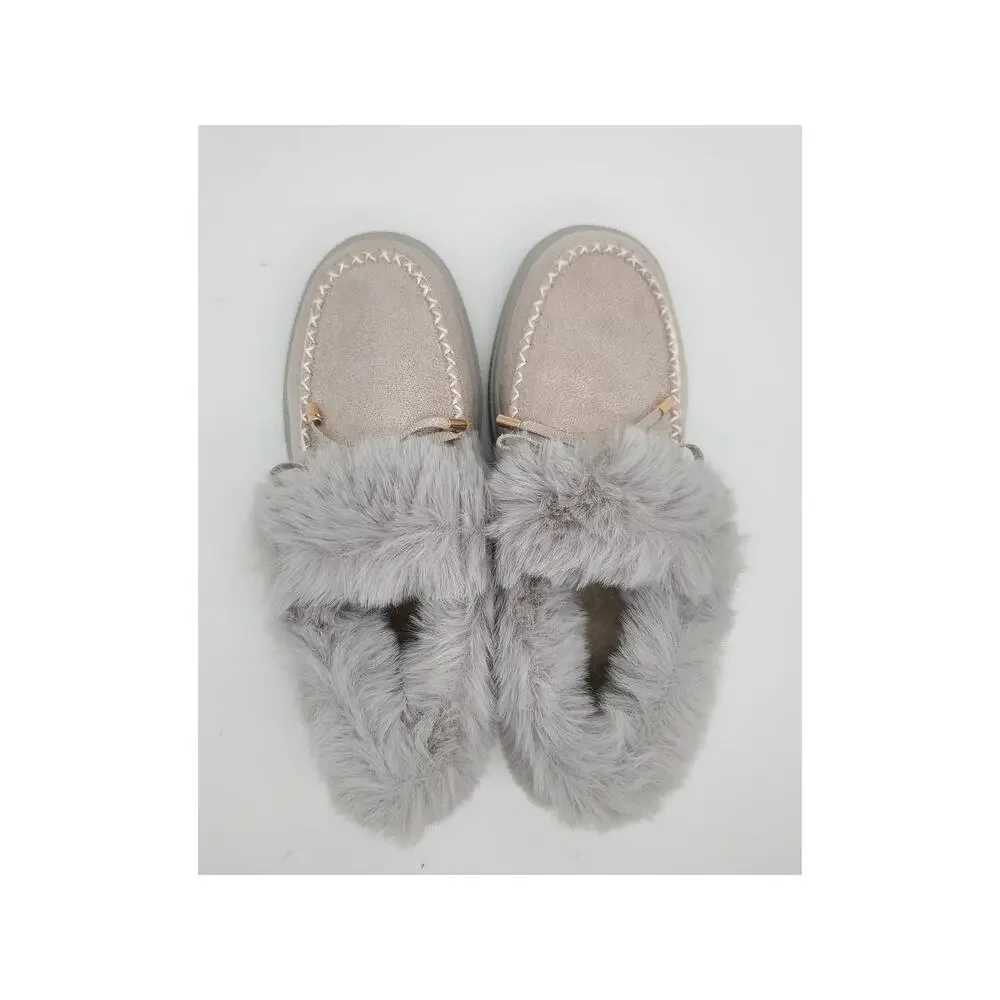 NWOT Rockomi Women's Sz 6 Gray Faux Fur Suede Slip-On Shoes Flats Comfort Casual